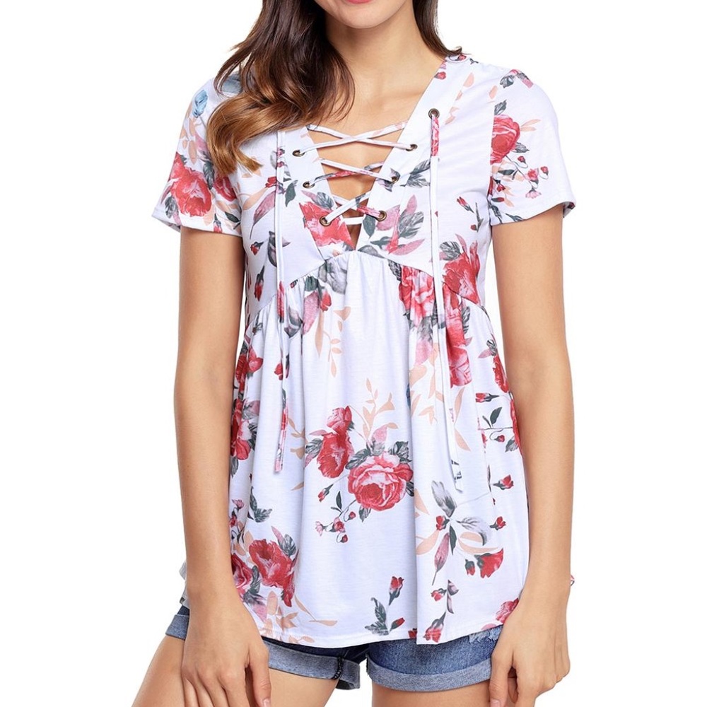 Floral Lace up V-Neck Blouse